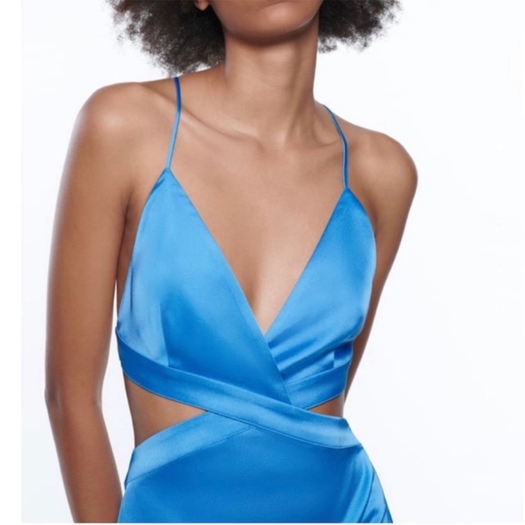 Zara Satin Effect Cut Out Blue Dress - Picture 3 of 8